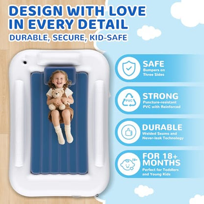 Inflatable Toddler Travel Bed - 60 Inches Portable Toddler Bed for Travel with Safety Sides - Cozy Kids Air Mattress Set with Built-in Electric Pump & Carry Case- Easy to Inflate - Sea Blue - color: Blue