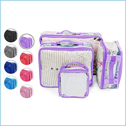 Clear Packing Cubes set of 4 / Packs 7-10 Days of Clothes/Premium PVC Plastic Storage Bags - color: Lilac
