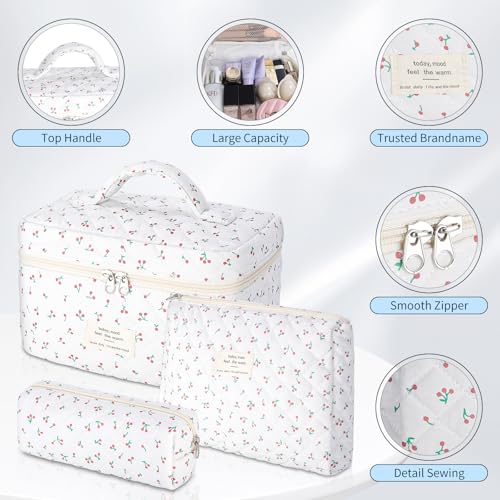 senbowe Floral Cherry Makeup Bag, 3 Pack Large Cotton Quilted Makeup Bag Set, Cute Floral Coquette Aesthetic Toiletry Bag Make Up Cosmetic Bag for Women, Toiletry Travel Make Up Organizer Bag - color: Cherry