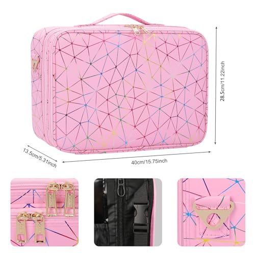MONSTINA Professional Makeup Case Bag|3 Layers Large Capacity Cosmetic Organizer Brush Bag,Barber Train Case Makeup Artist Box,PU Leather Stylish Geometric Reflection Patterns Pink - color: Pink Diamond, size: Large