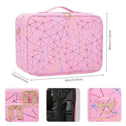 MONSTINA Professional Makeup Case Bag|3 Layers Large Capacity Cosmetic Organizer Brush Bag,Barber Train Case Makeup Artist Box,PU Leather Stylish Geometric Reflection Patterns Pink - color: Pink Diamond, size: Large