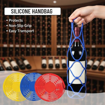 3PCS Handle-Equipped Multi-Use Silicone Wine Bottle Storage Bag & Organizer - Silicone Folding Reusable Single Bottle Carrying Pouch Protective Sleeve, Portable Tote,Coaster for Parties,Light Travel