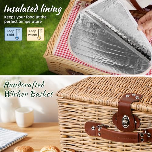 Picnic Basket for 2 with Lid and Handle Waterproof Picnic Blanket, Wicker Picnic Set Kit with Cooler for Beach, Insulated Picnic Baskets, Bridal Shower Gift Wedding Gifts with Mr Mrs Wine Glasses - color: Wedding Gift Style Red and White