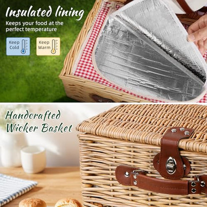 Picnic Basket for 2 with Lid and Handle Waterproof Picnic Blanket, Wicker Picnic Set Kit with Cooler for Beach, Insulated Picnic Baskets, Bridal Shower Gift Wedding Gifts with Mr Mrs Wine Glasses - color: Wedding Gift Style Red and White