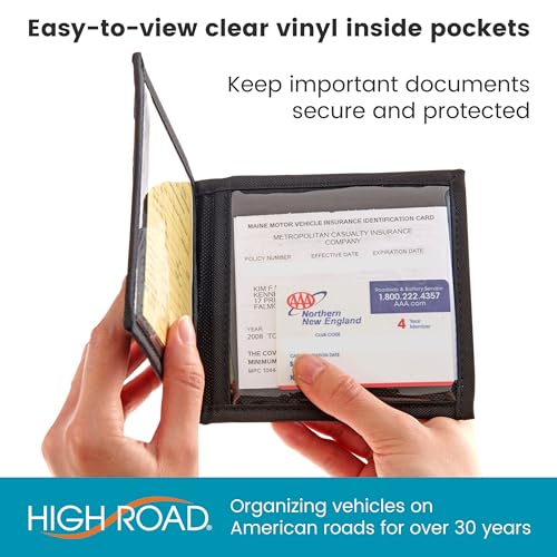 High Road Car Registration and Insurance Card Holder for Sun Visor, Glove Box or Console with 2 Clear Hidden Car Document Pockets - color: Black