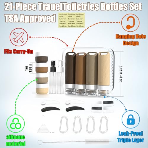 26 Pcs TSA Approved Travel Toiletry Bottles Set, Leakproof Silicone Refillable Travel Containers with Hanging Hole & Carabiner, Travel Essentials, for Shampoo Conditioner Lotion Body Wash - style: E