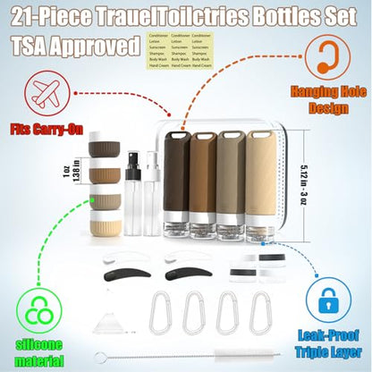 26 Pcs TSA Approved Travel Toiletry Bottles Set, Leakproof Silicone Refillable Travel Containers with Hanging Hole & Carabiner, Travel Essentials, for Shampoo Conditioner Lotion Body Wash - style: E