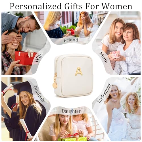 Personalized Birthday Gifts for Women - Initial Makeup Bag Set Travel Toiletry Bag Cosmetic Bags Soft Waterproof PU Leather Makeup Pouch Travel Essentials (A, 1pc Beige) - size: 1pc Beige, style: A