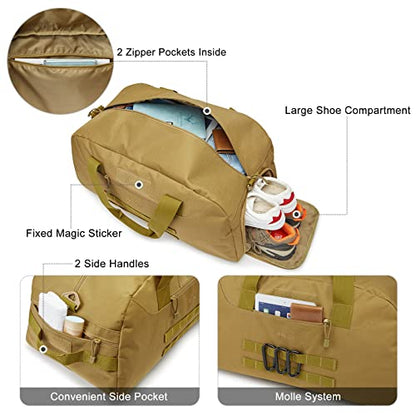 G4Free 70L Large Tactical Duffle Bag Men Sports Gym Backpack with Shoes Compartment Military MOLLE Duffel Backpack (Brown) - color: Brown