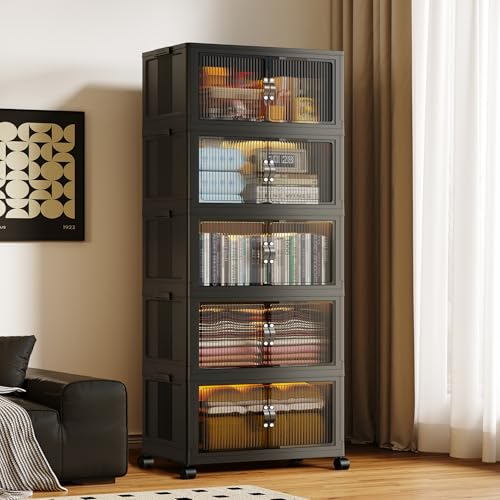 SAILUN 145Gal/580Qt Collapsible & Stackable Storage Bins with Door & a Lid,Perfect for Blanket Storage, Pillow Organizer, Bedroom Closet & Living Room, Black 26" W x 17" D x 71" H - color: Black, size: 1 Lid 5 Pack-26" W x 17" D x 71" H