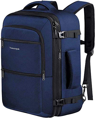 Vancropak Carry on Backpack, 40L Expandable Travel Backpack for Airplane | Flight Approved Business Bag, Lightweight Weekender Bag, Water Resistant Daypack, Adjustable Strap, Hidden Shoulder Strap - color: Blue, size: X-Large