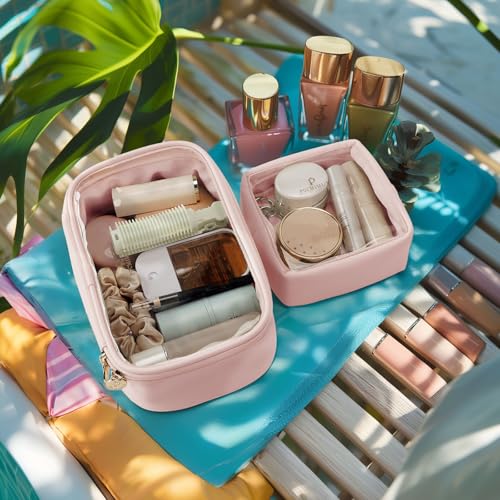 Pocmimut Mini Makeup Bag with Small Cosmetic Bag Travel Essentials Organizers,TSA Approved Toiletry Bag Makeup Pouch Clear Cosmetic Bags for Women,Pink - color: Pink, style: Small+mini