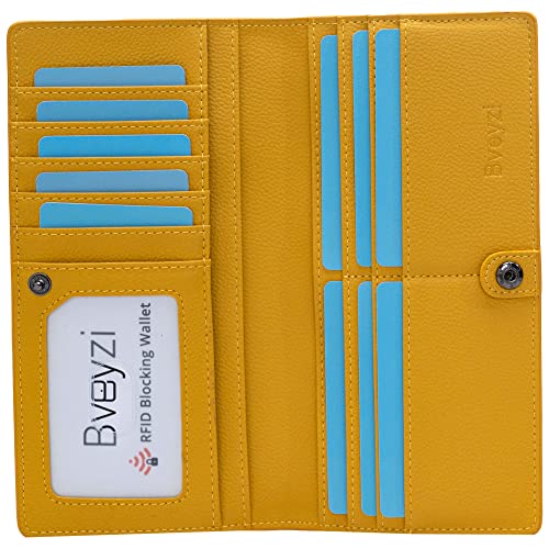 Bveyzi Ultra Slim Thin Leather RFID Blocking Credit Card Holder Bifold Clutch Wallets for Women - color: Yellow
