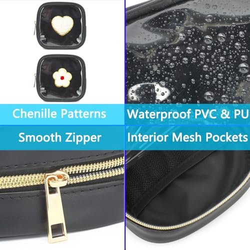 Fammart Clear Makeup Bag with 2 Cute Chenille patterns - Waterproof PU Leather Cosmetic Case, Mini Personalized Toiletry Pouch for Women & Teens, ideal for Travel & Gift - color: Clear, Mini - Black