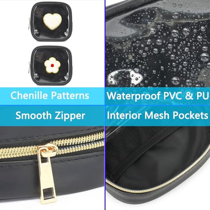 Fammart Clear Makeup Bag with 2 Cute Chenille patterns - Waterproof PU Leather Cosmetic Case, Mini Personalized Toiletry Pouch for Women & Teens, ideal for Travel & Gift - color: Clear, Mini - Black
