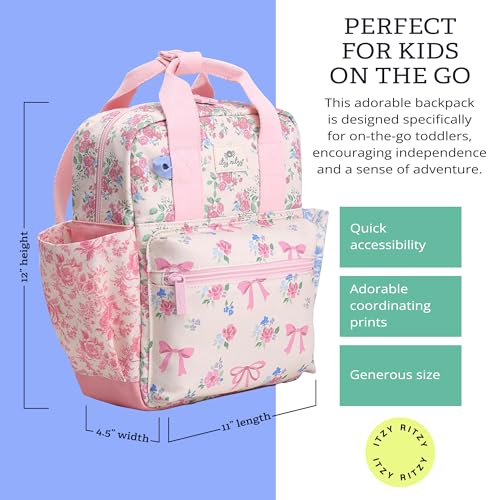Itzy Ritzy Toddler Backpack - Daycare Bag - Features Adjustable Shoulder Straps, 2 Side Pockets & Spacious Interior with Wipeable Fabric Lining & Name Label, Ribbons & Roses Backpack - color: Ribbons