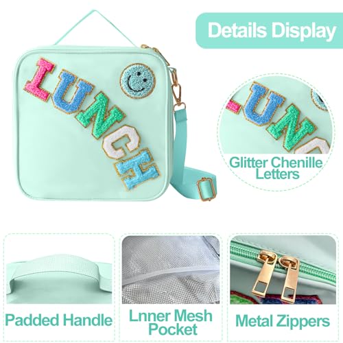 Insulated Lunch Bag With Adjustable Shoulder Strap, Nylon Preppy Lunch Box Large Insulated Lunch Bag Reusable Lunch Tote Bag with Smiley Preppy LunchBag for Girls School Travel Picnic (Green) - color: Green