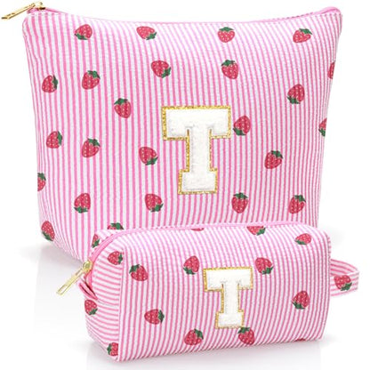 Personalized Initial Makeup Bag,Strawberry Print Preppy Cosmetic Toiletry Travel Bag,Trendy Letter Makeup Pouch for Teen Girls and Women,Holiday & Birthday Gift,2 Pack (T, Pink Strawberry) - style: T