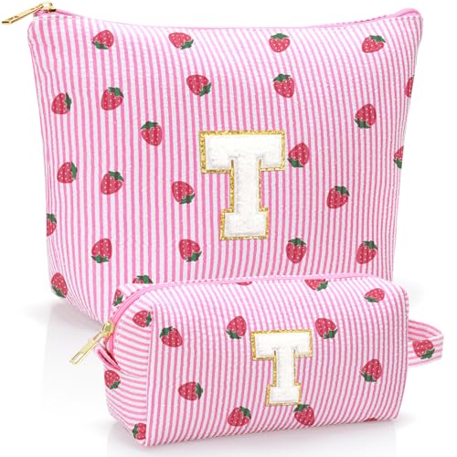 Personalized Initial Makeup Bag,Strawberry Print Preppy Cosmetic Toiletry Travel Bag,Trendy Letter Makeup Pouch for Teen Girls and Women,Holiday & Birthday Gift,2 Pack (T, Pink Strawberry) - style: T