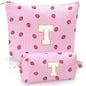 Personalized Initial Makeup Bag,Strawberry Print Preppy Cosmetic Toiletry Travel Bag,Trendy Letter Makeup Pouch for Teen Girls and Women,Holiday & Birthday Gift,2 Pack (T, Pink Strawberry) - style: T