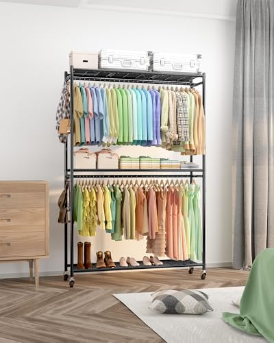 Sakugi Clothes Rack - 45.2" x 12.2" x 79.5" Clothing Rack with Shelves & Wheels, Multi-Functional Wardrobe Closet with Hooks, Sturdy Metal Garment Rack for Bedroom, Laundry, Balcony (Black) - color: Black, size: X-Large