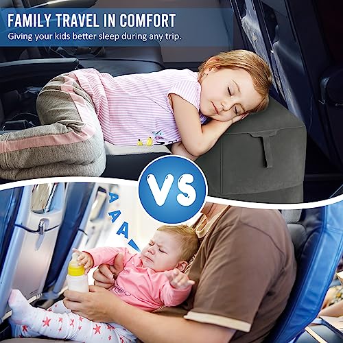 Inflatable Airplane Foot Rest Pillow - Travel Foot Rest for Long Flights, Car Seat Foot Rest for Kids Airplane Seat Extender Bed for Toddler, Blow up Plane Footrest with Easy-Carry Strap, Gray 2 Pack
