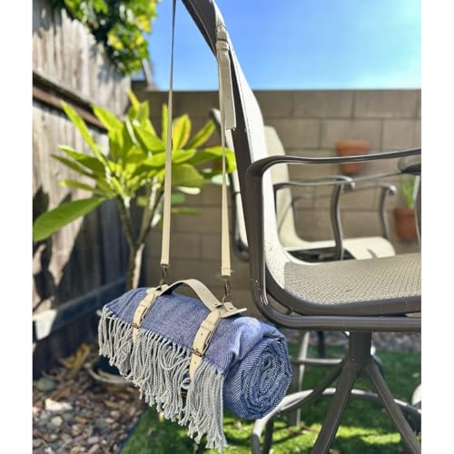 Picnic Blanket Extra Large Waterproof with Strap 59"x79" - Machine Washable Tassels Faux Wool Cashmere for Park, Grass, Camping, Hiking, Concerts (Blue with white shoulder strap, 59"X79") - color: Blue With White Shoulder Strap