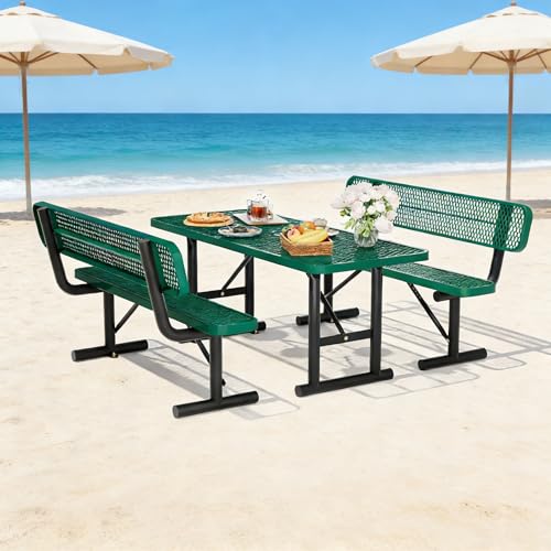 6FT Outdoor Metal Picnic Table with 2 Benches,Heavy Duty Rectangular Picnic Table Set for Outside, Waterproof Commercial Restaurant Table Furniture for Park, Campfield, Patio, Garden, Yard - color: Set A-green, size: 6FT