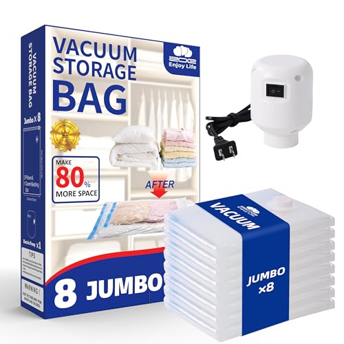 Jumbo Vacuum Storage Bags with Electric Pump, 8 Pack | Stores Pillows & Comforters, 8 Jumbo Bags, Electric Pump Included, Reusable Double-Seal Storage Bags - size: 8 Jumbo