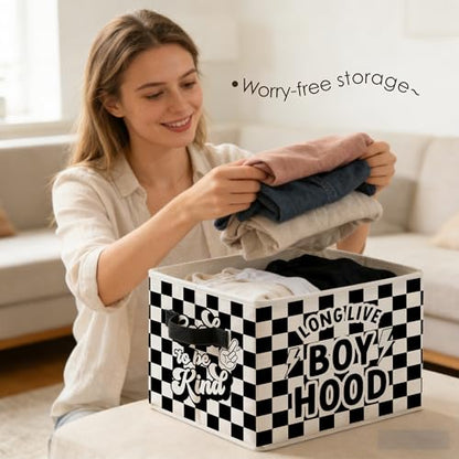 Long Live Boyhood Boy Kids Storage Bins Box with Handles, Black and White Checkered Foldable Basket Toybox for Kids Boys Nursery Playroom Bedroom Bathroom Clothes Toys Books - color: color-06