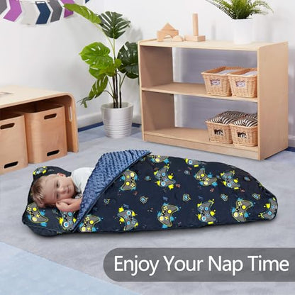Primlect Thickened Toddler Nap Mat with Removable Pillow and Minky Blanket, Extra Large 55''x35'' Sleeping Bag, Washable, Roll up, Perfect for Daycare, Preschool, Kindergarten, Boys and Girls - color: Blue Traffic Upgraded