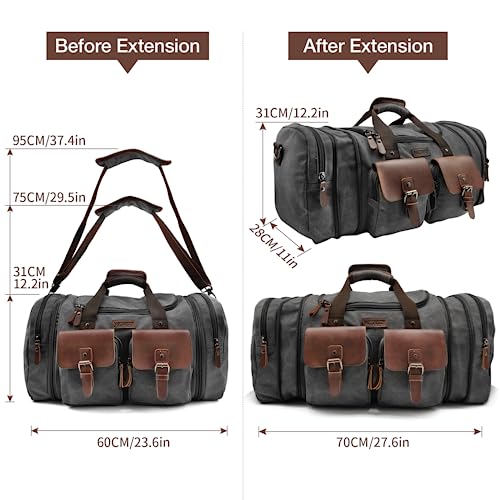 Wildroad 60L Travel Duffel Bag, Expandable Canvas Genuine Leather Duffle Bag Upgraded Overnight Weekender Bag Carry on Bag - color: Black, size: X Large-60L Duffle Bag