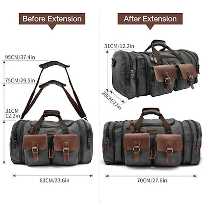 Wildroad 60L Travel Duffel Bag, Expandable Canvas Genuine Leather Duffle Bag Upgraded Overnight Weekender Bag Carry on Bag - color: Black, size: X Large-60L Duffle Bag
