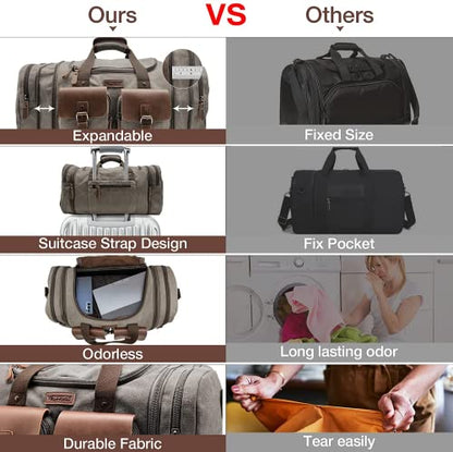 Wildroad 50L Travel Duffel Bag, Expandable Canvas Genuine Leather Duffle Bag Upgraded Overnight Weekender Carry on Bag - color: Grey, size: Large-50L Duffle Bag
