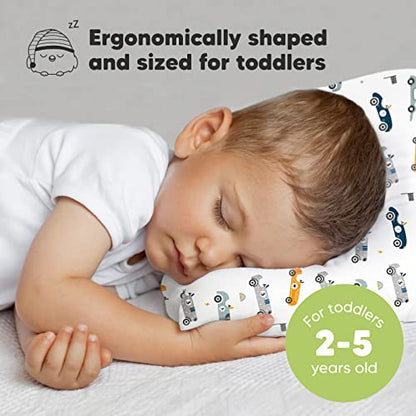 KeaBabies Organic Toddler Pillow with Pillowcase, Jumbo 14X20 - Soft Cotton Toddler Pillows for Sleeping - Machine Washable - Perfect for Travel, Toddler Bed Set (Racecars) - color: Racecars