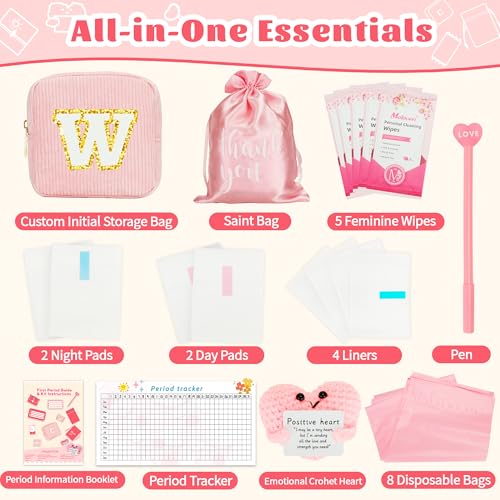 Essential First Period Kit for Girls 9-12 with Custom Initial Bag-Letter W,Period Bags,Tracker and More for Tweens Girls