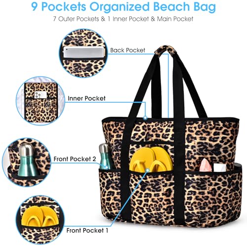 Becokan Beach Bags for Women Large Beach Tote Bag with Zipper Pockets Beach Bag Waterproof Sandproof Travel Nurse Tote Bag - color: Leopard New