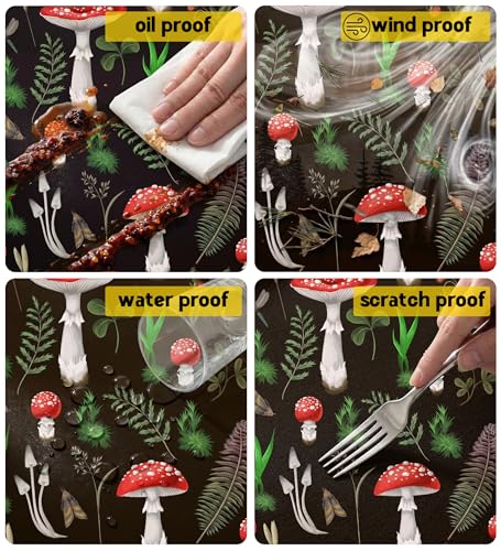 Fitted Picnic Table Cover with Bench Covers Vinyl Waterproof Elastic Edges Fitted Rectangle Table Cloth Patio Tablecloth Camping Essentials Rv Gear Accessories Road Trip Supplies Car Travel Must Have - color: Black Red Mushrooms, size: 96in