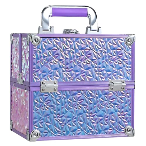 FRENESSA Makeup Case Organizer Makeup Box Cosmetic Train Case Portable Make Up Artist Travel Case Storage Box 4 Trays with Dividers Lockable Hard Train Case Nail Tech Supply Storage Shiny Purple - color: Shiny Purple