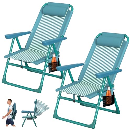 Suteck Tall Beach Chair 2 Pack, Backpack Beach Chair for Adults with 6-Position, Cooler Bag, Cup Holders, Folding Beach Camping Chairs for Camping, Outdoor, Sand, Travel Use - color: Green Small Striped