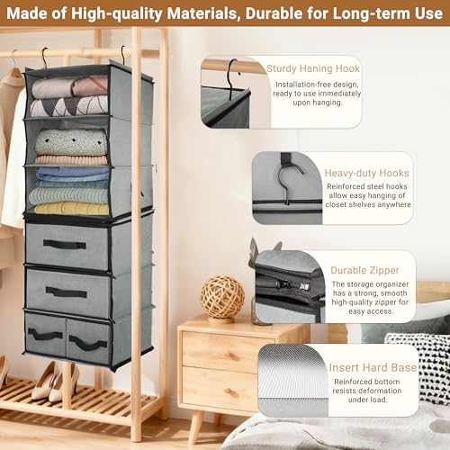 2-in-1 Durable 6-Tier Hanging Closet Organizer with 4 Removable Drawers,2 Separable 3-Tier Thickened Fabric Hanging Shelf Clothes Storage Organization Space-saving for Bedroom,Dorm,Guestroom,RV,Travel - style: Separable - 6 Tier by 2in1