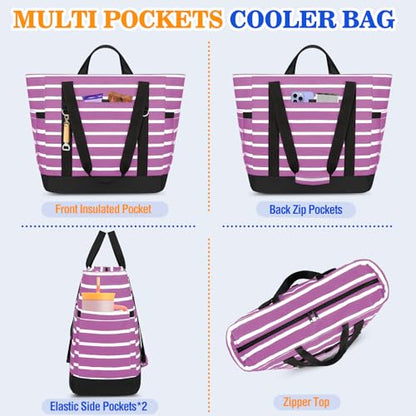 HUANLANG Soft Cooler Bag Insulated for Travel,Large Insulated Grocery Bags with Zippered Top,PEVA Collapsible Food Delivery Cooler Bag for Beach, Travel, Picnics - color: Purple and white stripes