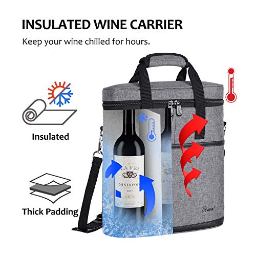 Tirrinia Insulated Wine Gift carrier - 3 Bottle Travel Wine Carry Cooler Tote Bag with Handle and Adjustable Shoulder Strap, Grey - color: Grey