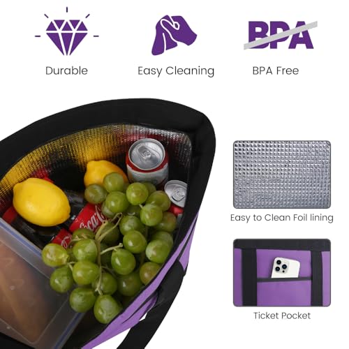 mosago Insulated Grocery Tote Bags, Large Reusable Cooler Bags with Zipper, Leakproof Thermal Shopping Bags for Food Delivery, Beach, Travel, Uber Eats & Picnic, Collapsible Personalized, Purple - color: Purple