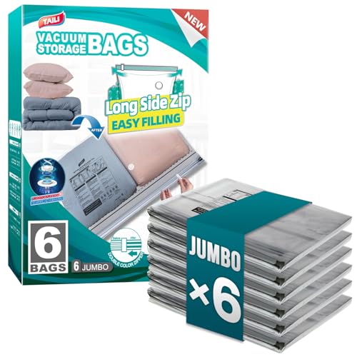TAILI 6 Pack Vacuum Storage Bags, LONG SIDE ZIP (39x28 inch), Vacuum Seal Bags for Clothing, Jumbo Storage Space Saver for Beddings, Comforters, Blanket, Pillows and Clothes - size: 6 Jumbo