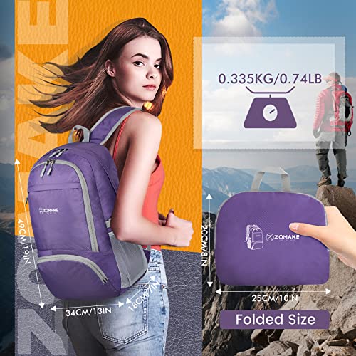 ZOMAKE Lightweight Packable Backpack 30L - Foldable Hiking Backpacks Water Resistant Compact Folding Daypack for Travel(Purple) - color: Purple
