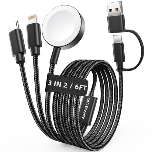 Travel Essentials,3 in 2 USB C Cable for Apple Watch Charger,iPhone Charger,Multi Charging Cable,Cruise Vacation Camping Portable for iWatch Series 11-2/Ultra/SE & iPhone 17-12,Car,Black-6FT - color: Black, size: 1pack-6ft