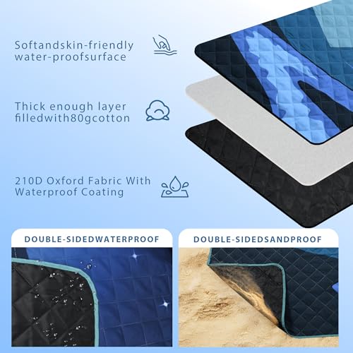Tirrinia Picnic Blanket Waterproof, 70"x80" Extra Large Outdoor Blanket Waterproof, 3-Layer Foldable Picnic Mat with Sandproof Backing for Beach, Camping, Hiking, Park, Travel - color: Navy Mountain