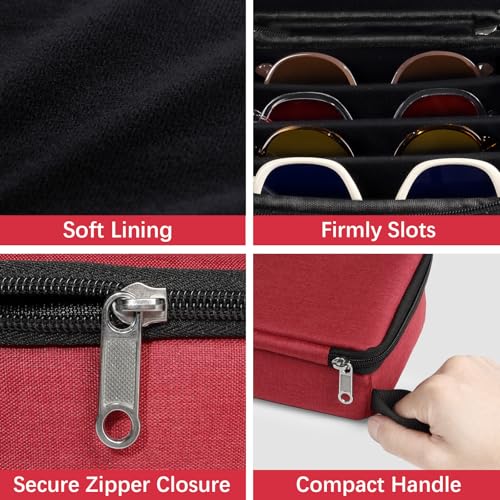 Bukere Travel Sunglasses Organizer Case, Adjustable Slot For Multiple Pairs, Portable Eyeglasses Storage Box for Men Women - color: Red, style: 4 Slots