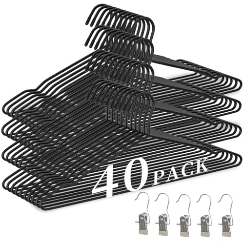 40Pack Heavy Duty Thickened and Reinforced Metal Hangers+5 Clothes Pins, Non-Slip Black Metal Hangers, Weight Capacity 50 lbs, Heavy Duty Hanger for Coats, Suits, Shirts, Dresses